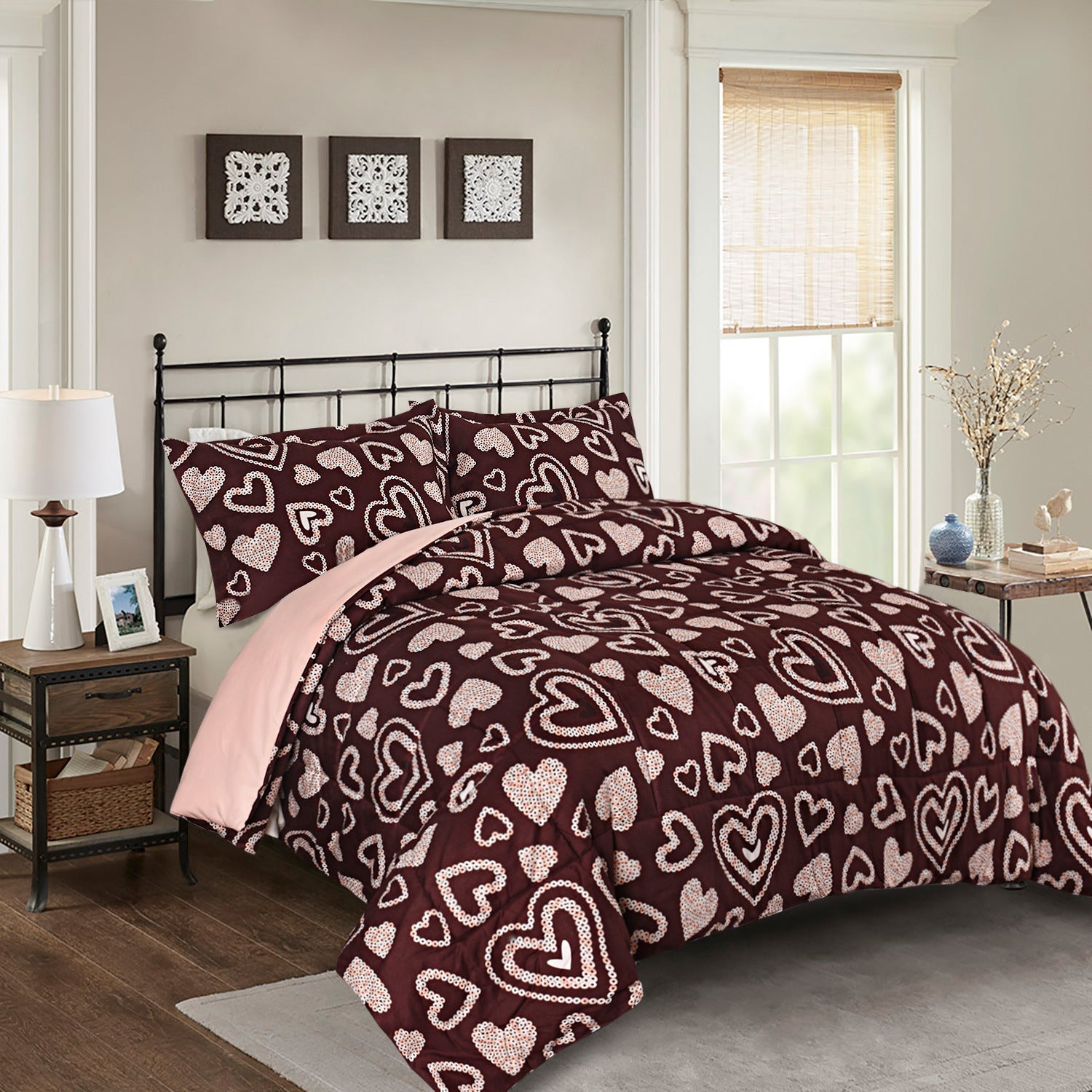 HIG Romantic Love Heart Print Comforter Set featuring a cozy quilted design with a love heart pattern, including two matching shams.